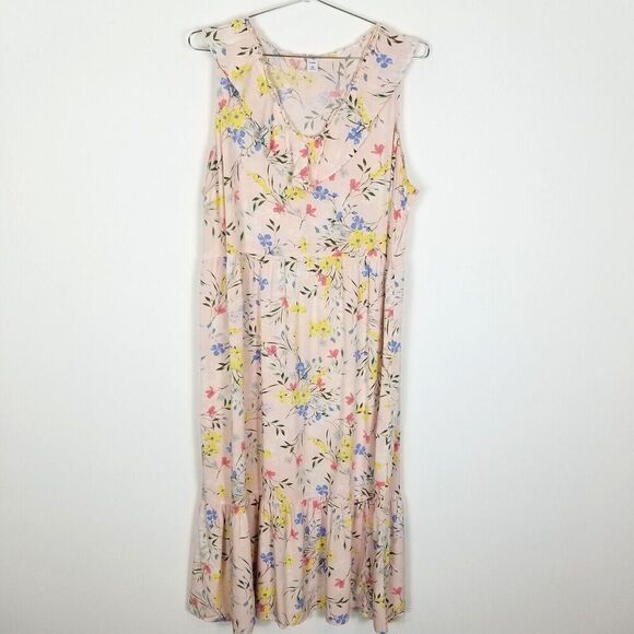 Old Navy Women Maxi Size XL Ditsy Floral Ruffled Tiered Pink Cottagecore - Picture 1 of 8